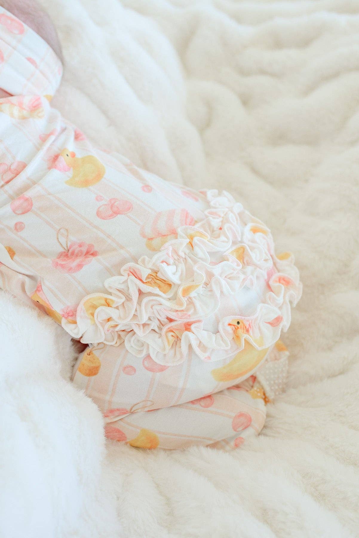 Ruffle Bamboo Zipper Footie | Bubble Duckies Pink