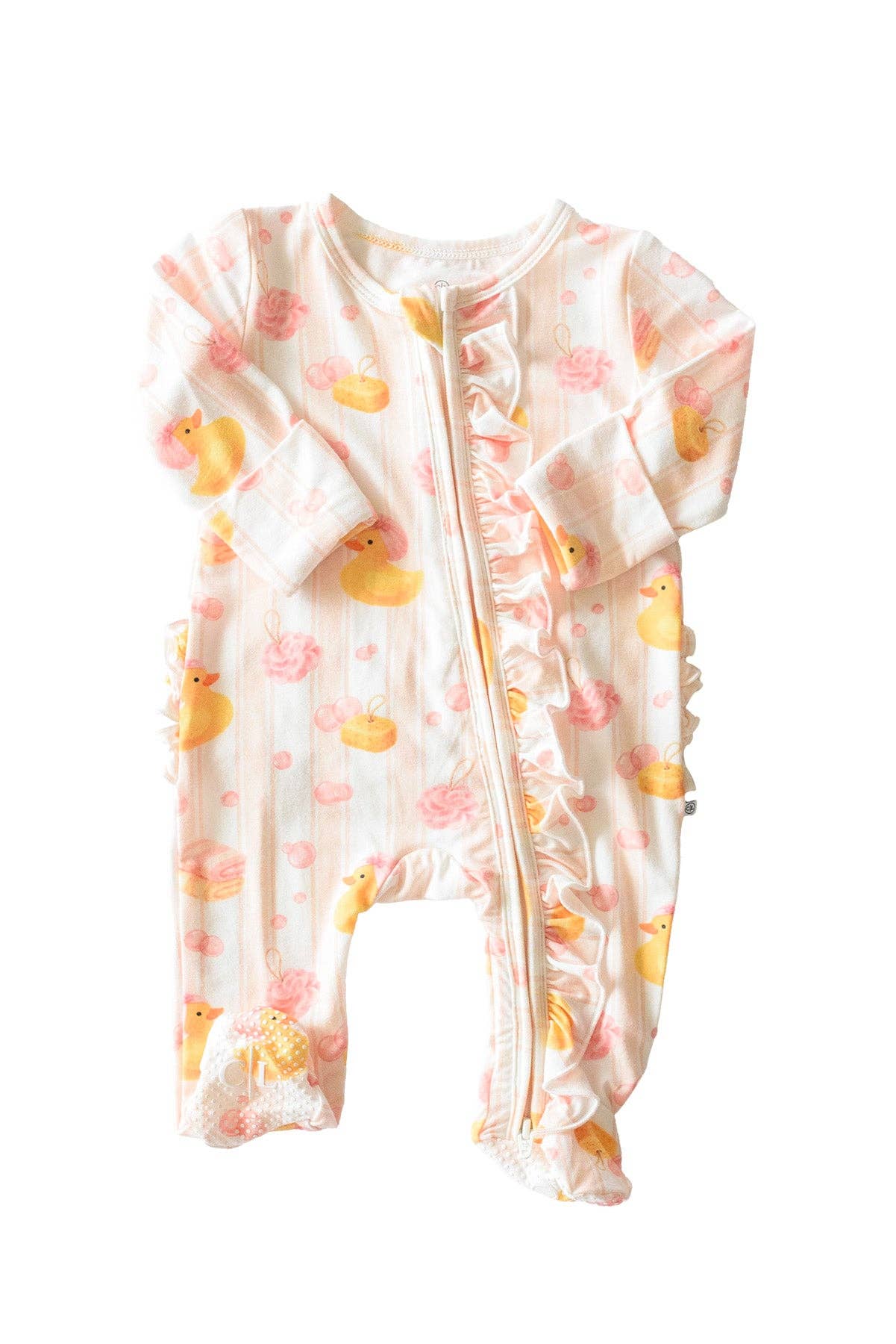 Ruffle Bamboo Zipper Footie | Bubble Duckies Pink