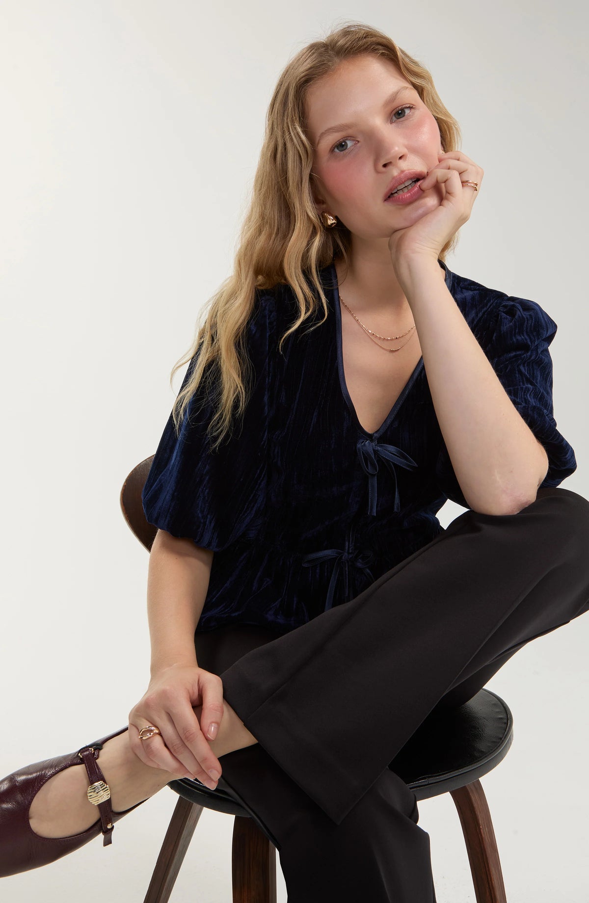 3/4 Blouson Sleeve with Tie Front