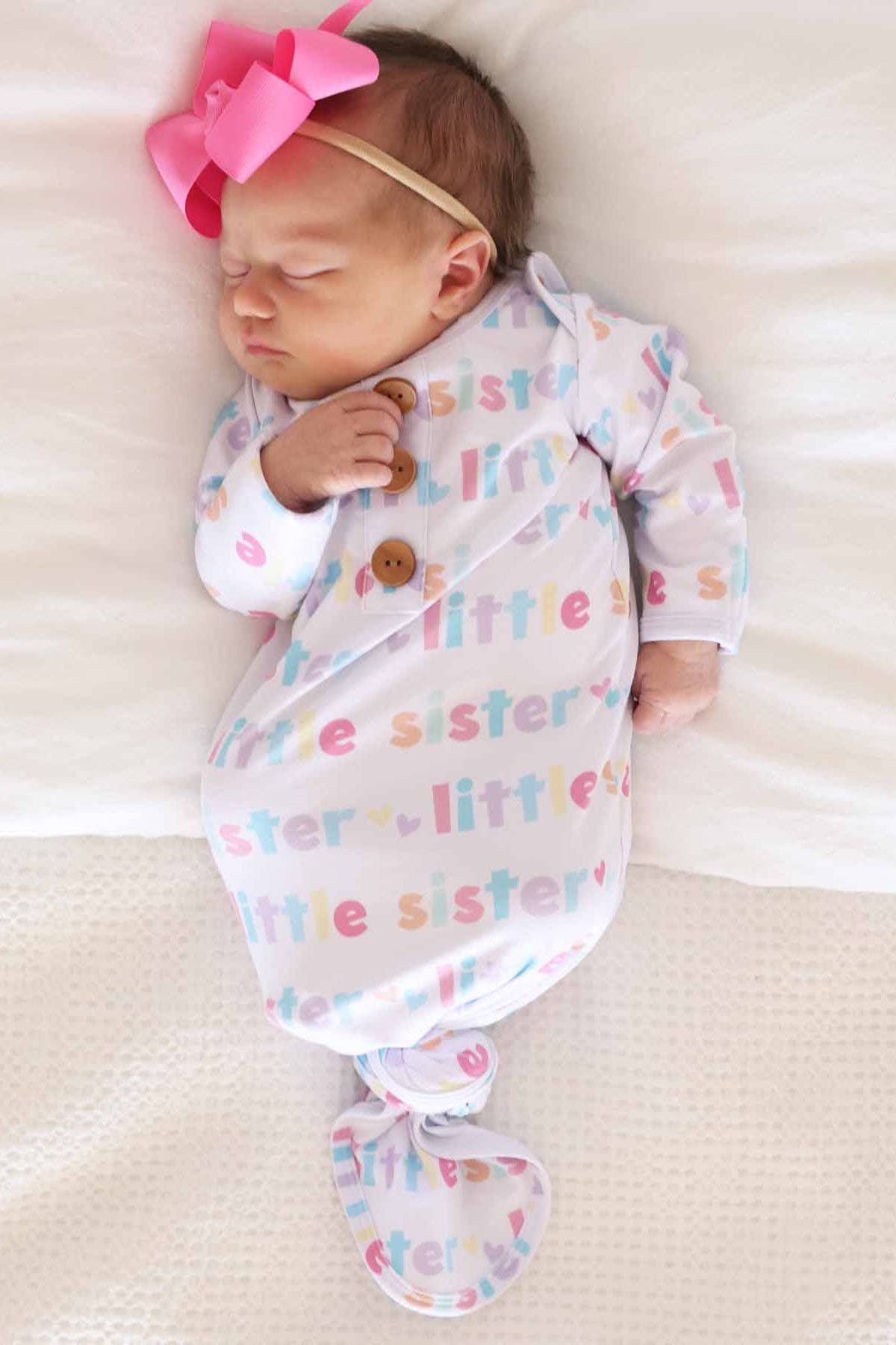 Little Sister Newborn Baby Knot Gown &amp; Hat Set