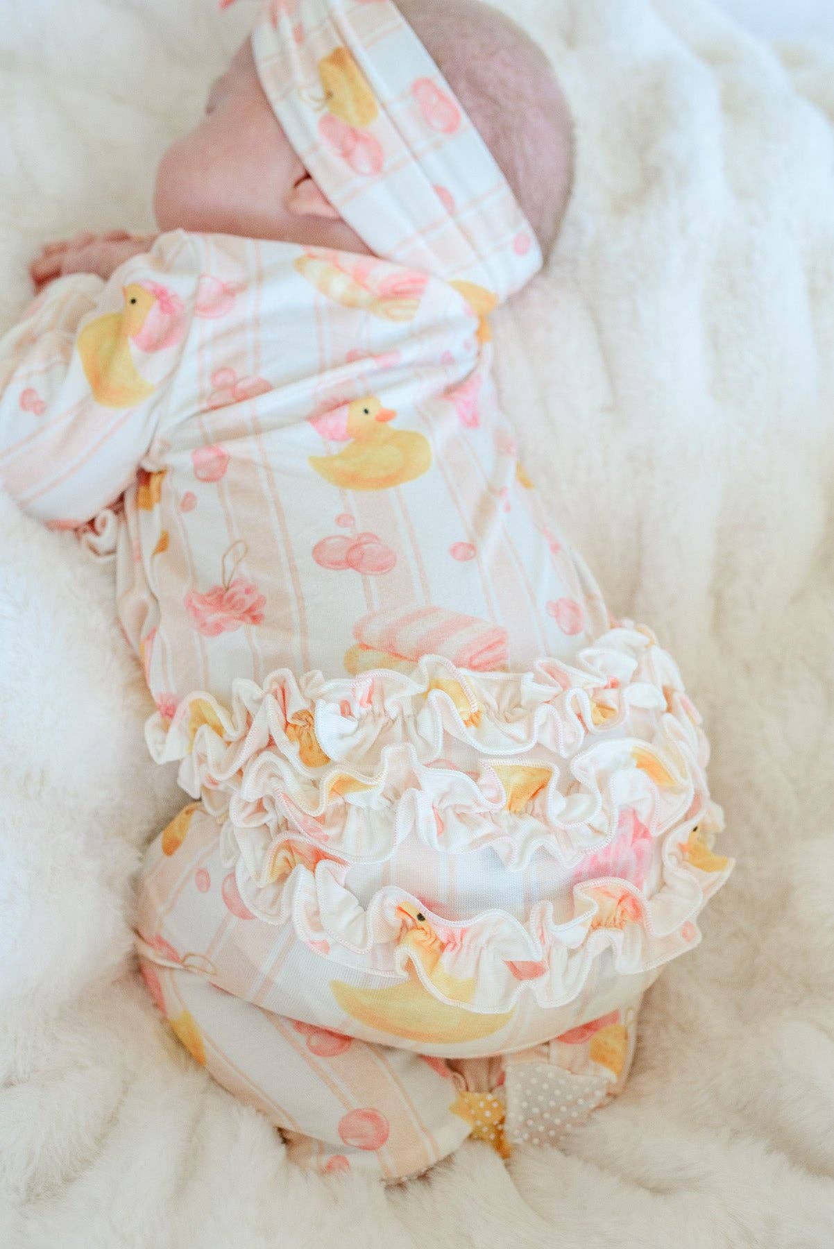 Ruffle Bamboo Zipper Footie | Bubble Duckies Pink