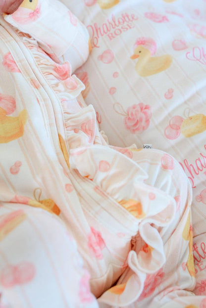 Ruffle Bamboo Zipper Footie | Bubble Duckies Pink