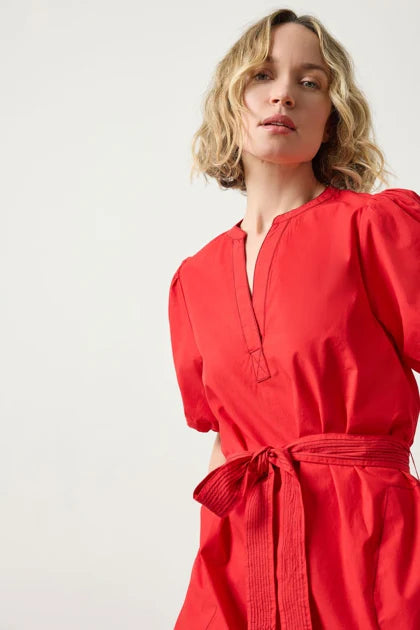 Shirred Sleeve Split Neck Dress