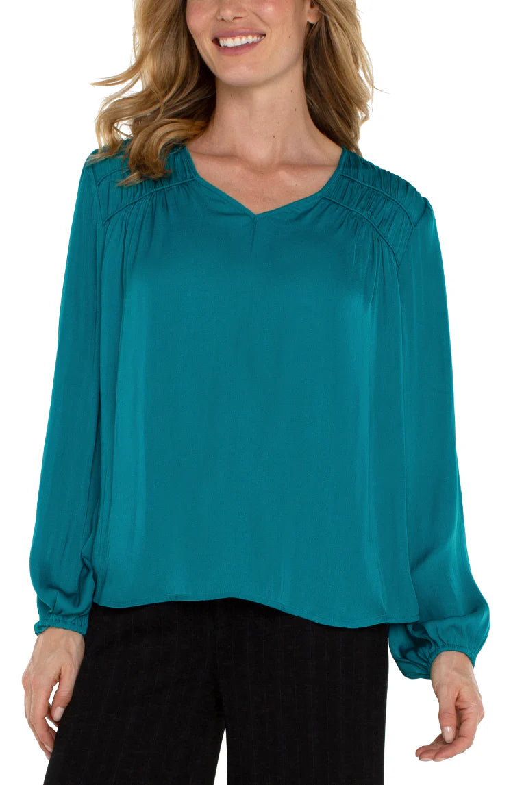 L/S Shirred V-Neck Blouse