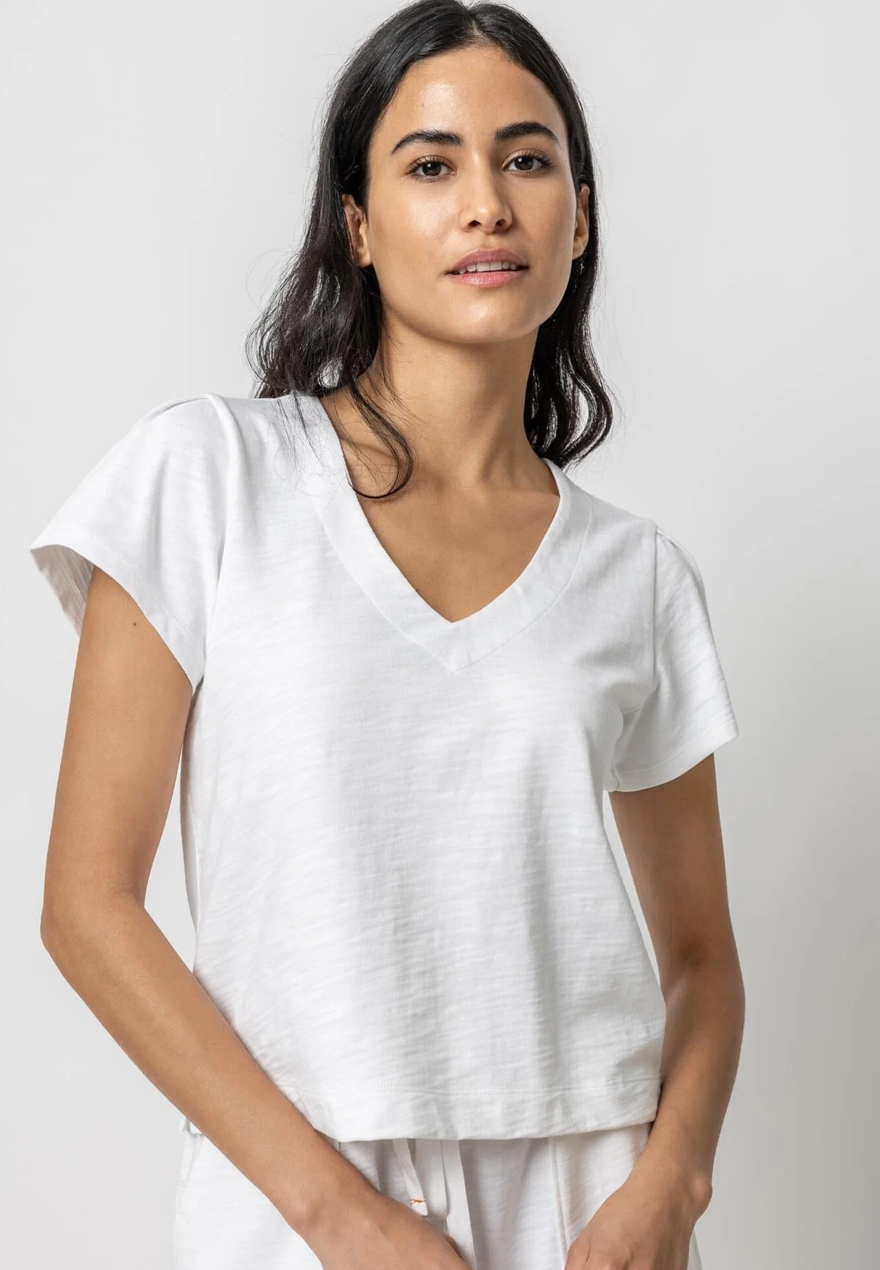 Pleated Cap Sleeve V-Neck