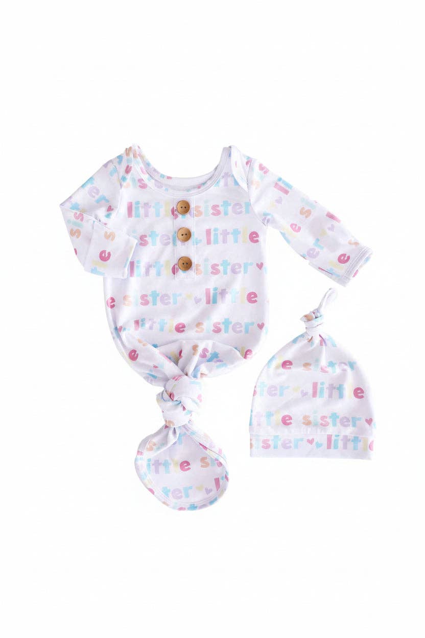 Little Sister Newborn Baby Knot Gown &amp; Hat Set