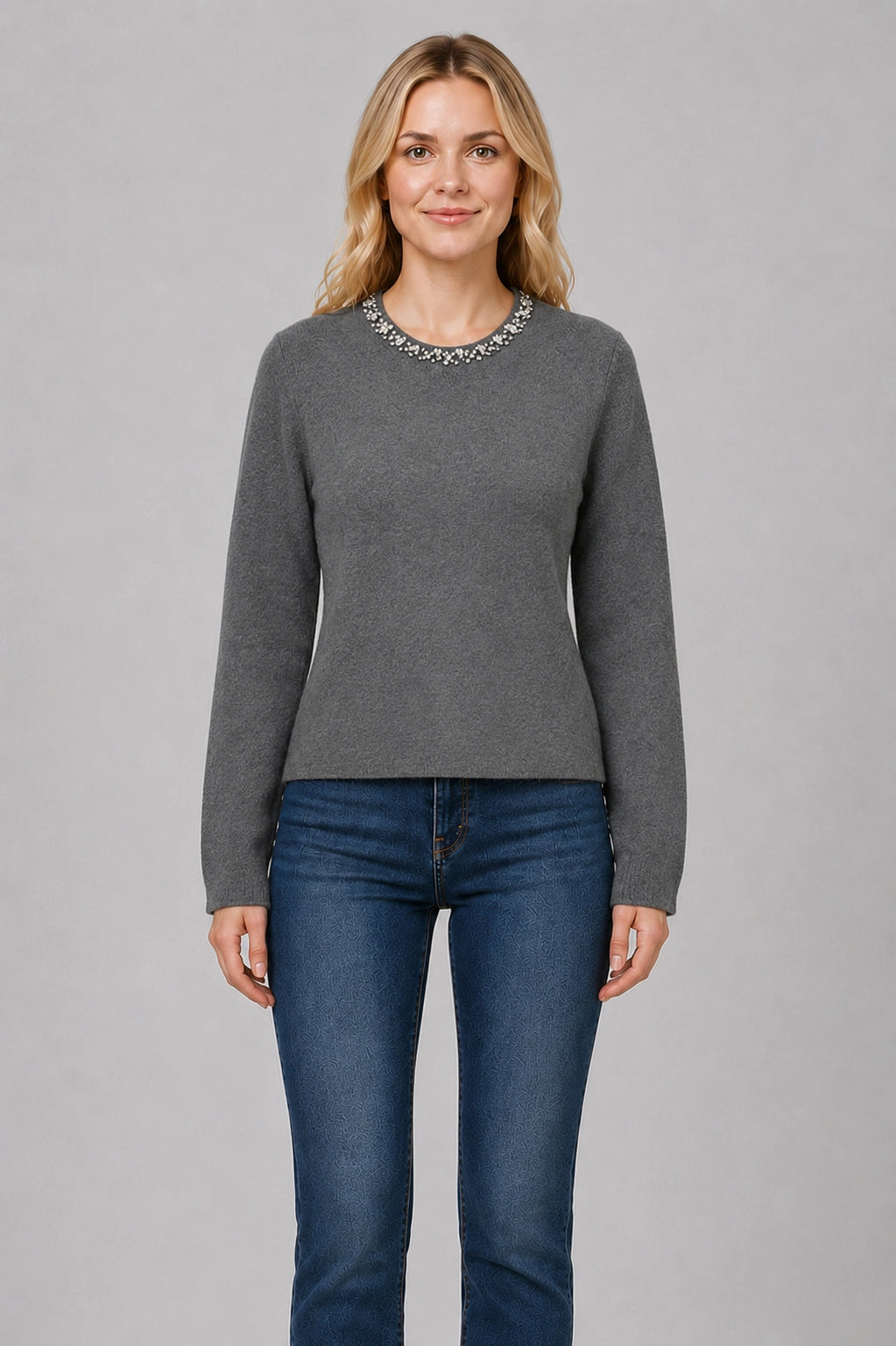 Jeweled-Neck Knit Top