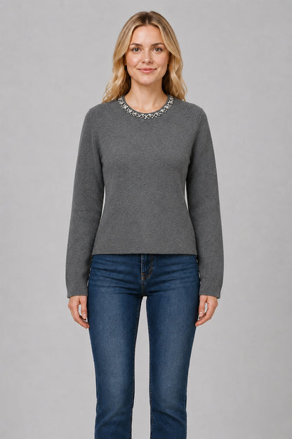 Jeweled-Neck Knit Top