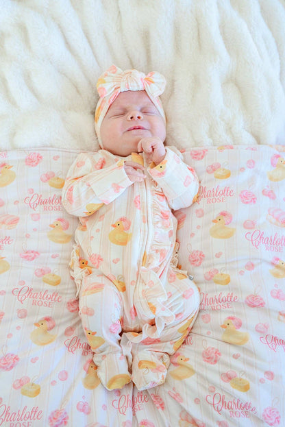 Ruffle Bamboo Zipper Footie | Bubble Duckies Pink